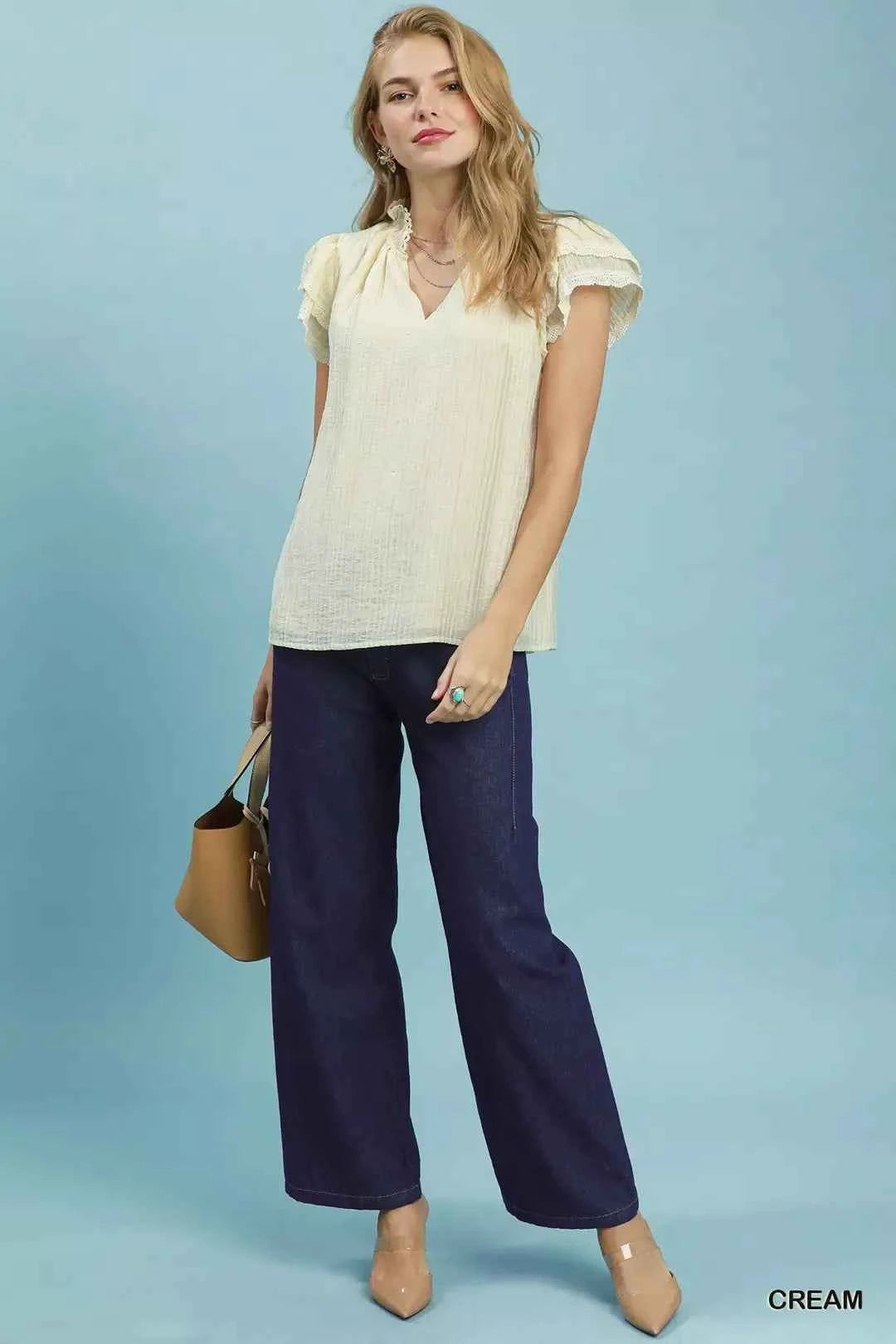 Umgee Lace Trim Ruffle Top