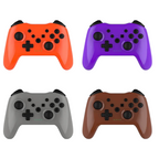 Four colorful gaming controllers in red, purple, gray, and brown on a white background