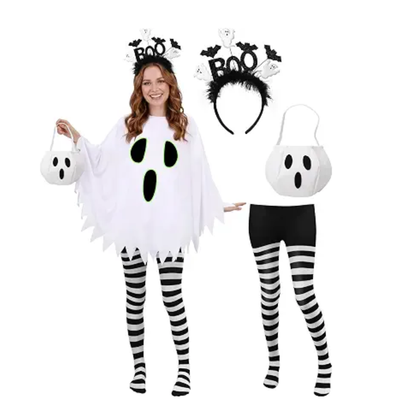 Women Ghost Halloween Costume, Glow-in-the-Dark 4-Piece Set
