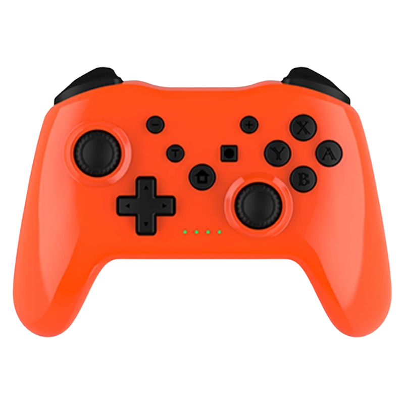Orange gaming controller with black buttons on a white background