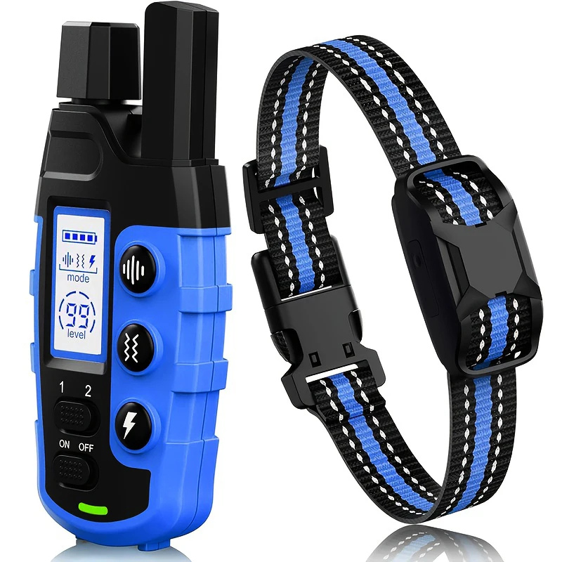 Blue and black electronic dog training device with a striped collar on a white background
