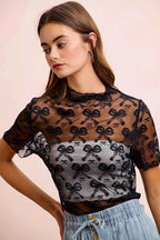 BiBi High Neckline Short Sleeves Bow Pattern Mesh Top