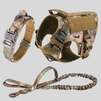 Camouflage dog harness, collar, and leash set on a light gray background
