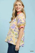 Umgee Floral Print Ruffled Short Sleeve Top