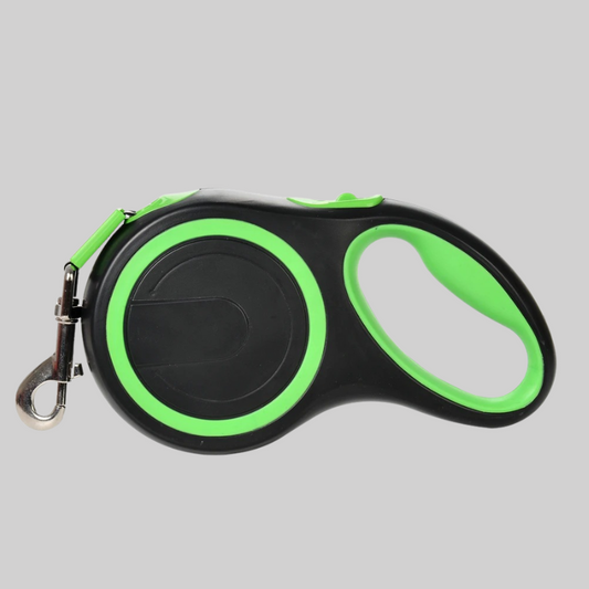 Black and green retractable dog leash on a gray background