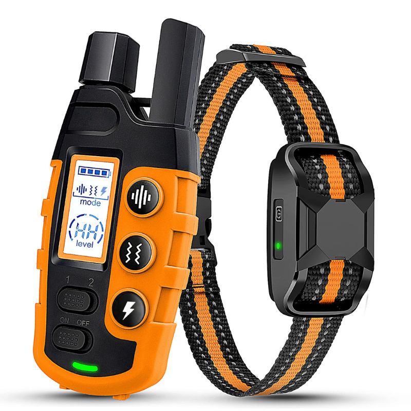 Orange and black electronic dog training collar with remote control on a white background