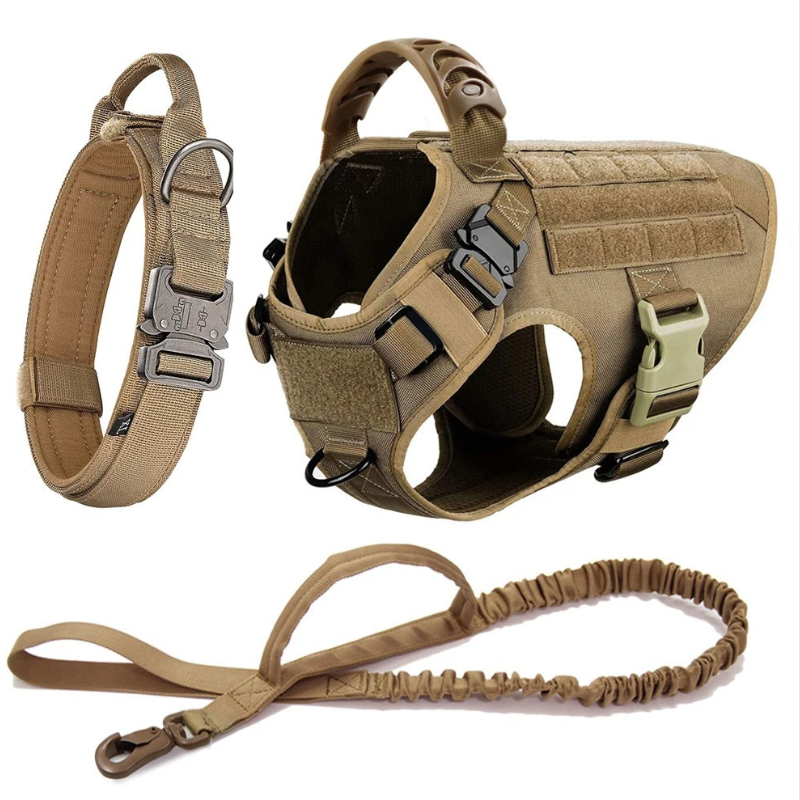 Tan dog harness and leash set on a white background