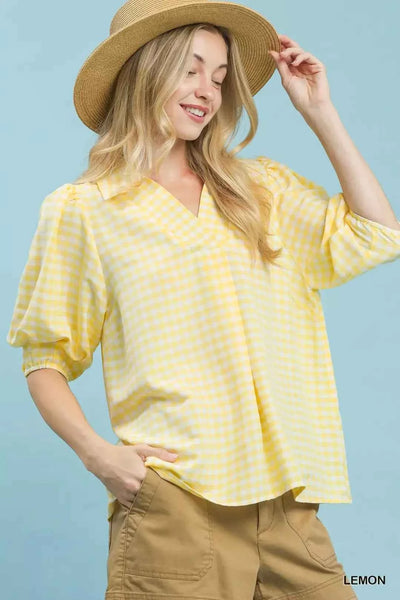 Umgee Gingham Puff Sleeve Collared Blouse