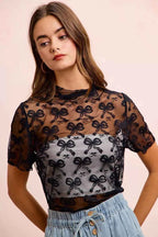 BiBi High Neckline Short Sleeves Bow Pattern Mesh Top