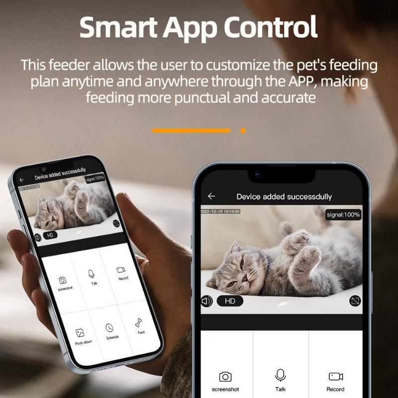 Smart app control system for pet feeding with two phone screens showing app interface.