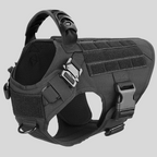 Black tactical dog harness on a light gray background