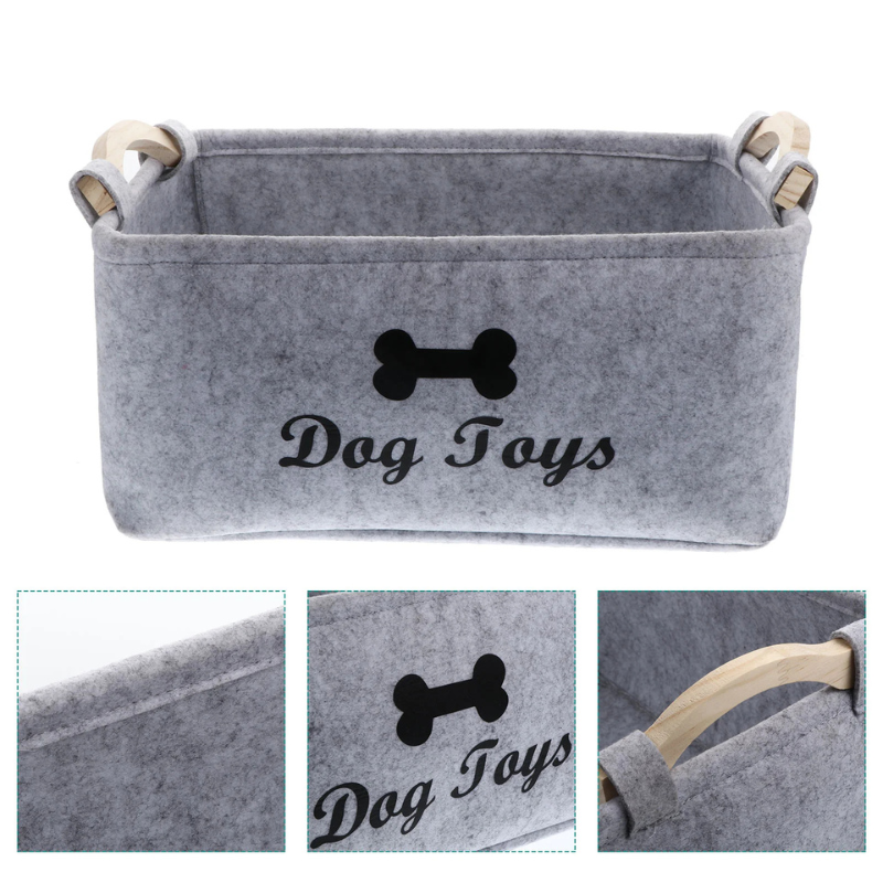 Gray pet toy storage basket with 'Dog Toys' and bone icon, shown from different angles.