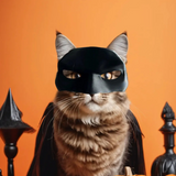 Cat wearing a black mask and cape on an orange background