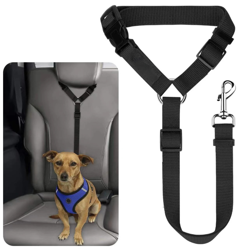 Dog safety harness and leash set with a dog sitting in a car seat.