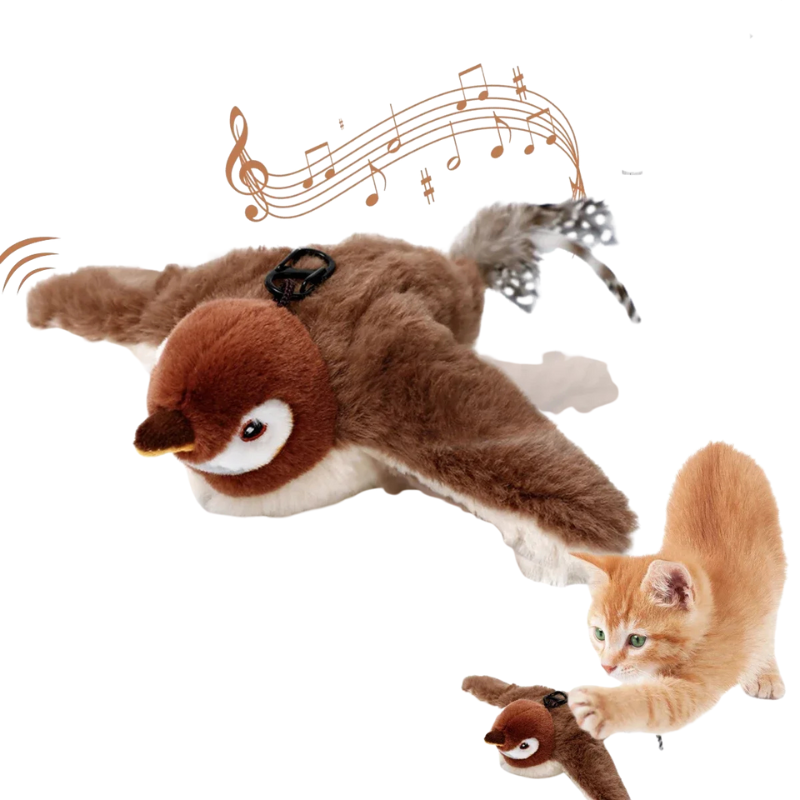 Plush toy resembling a bird with musical notes and a cat interacting with it on a white background