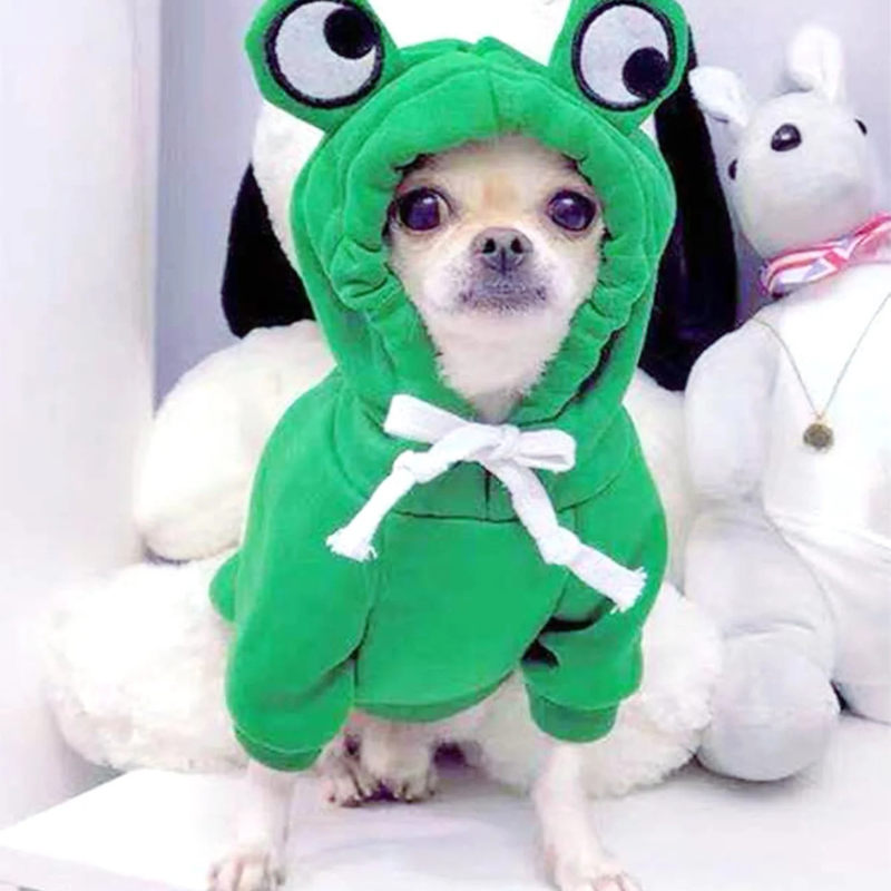 Dog wearing a green frog costume with large eyes and a white bow tie, sitting on a white surface.