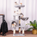 Cat tree with multiple cats on a white curtain background