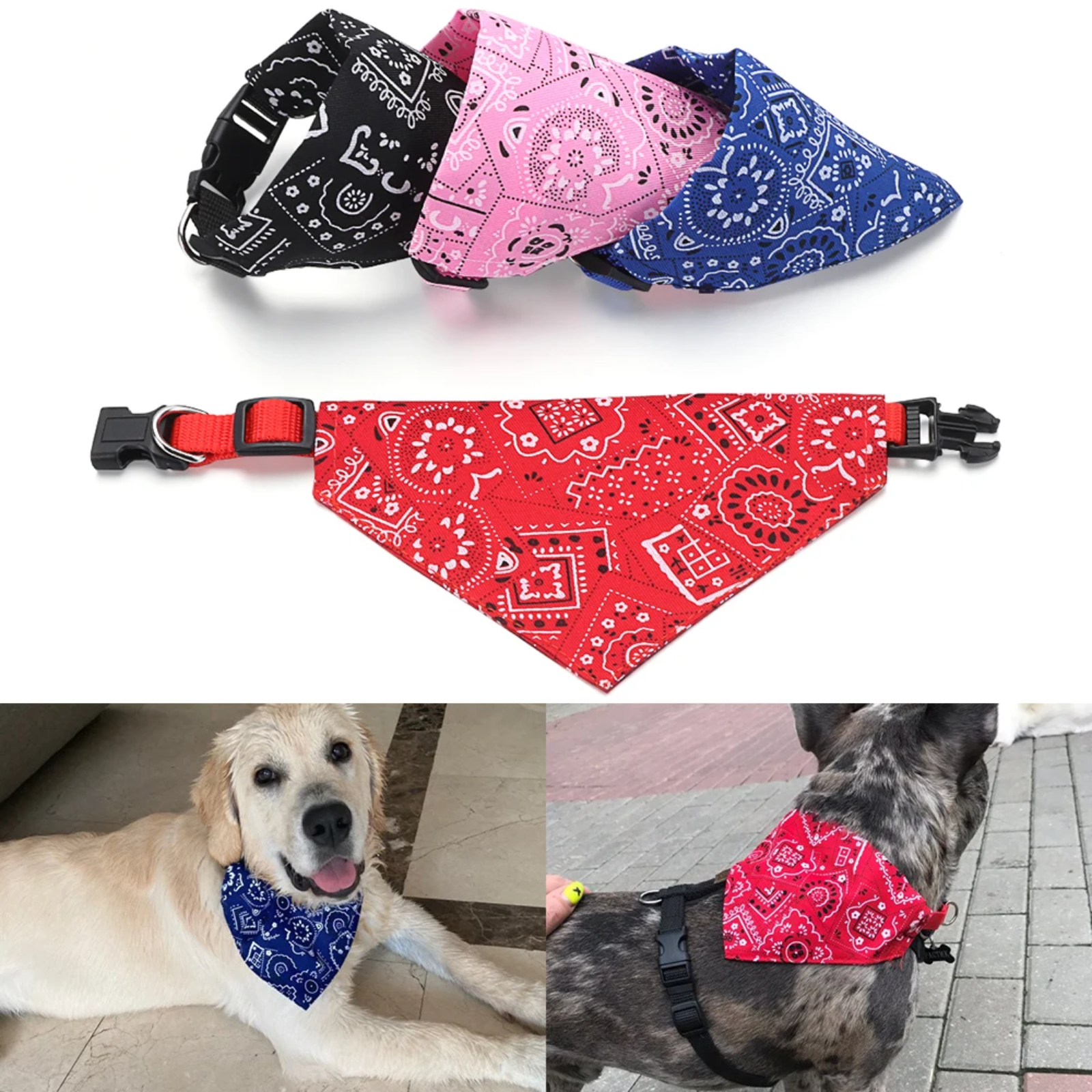 Dog bandanas in various colors with a red bandana on a collar, shown on dogs.