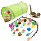 Cat toy set with green tunnel, colorful balls, and逗留棒 on a white background