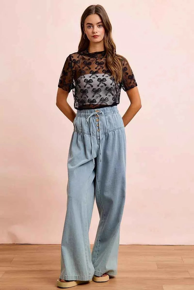 BiBi High Neckline Short Sleeves Bow Pattern Mesh Top