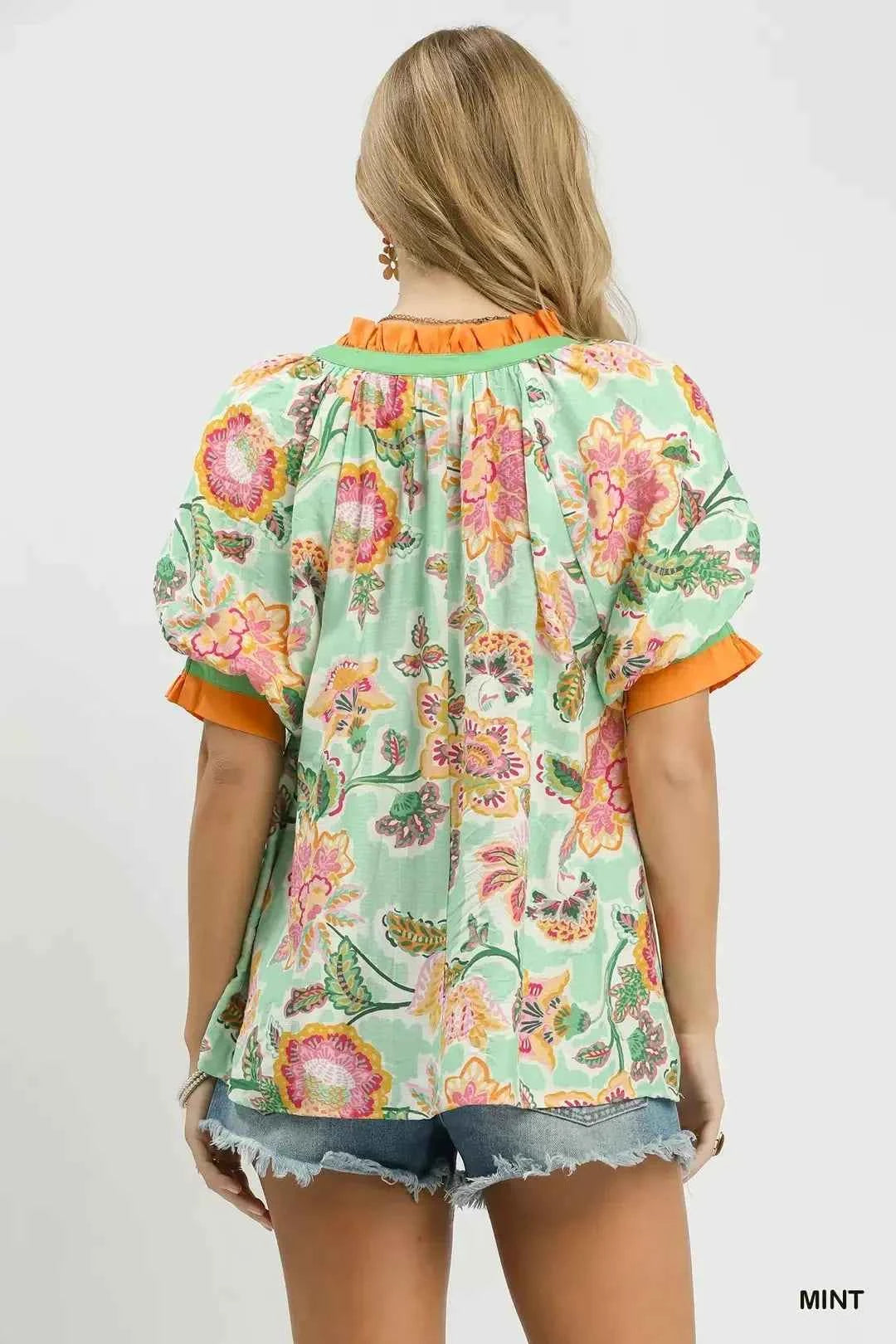 Umgee Floral Print Ruffled Short Sleeve Top