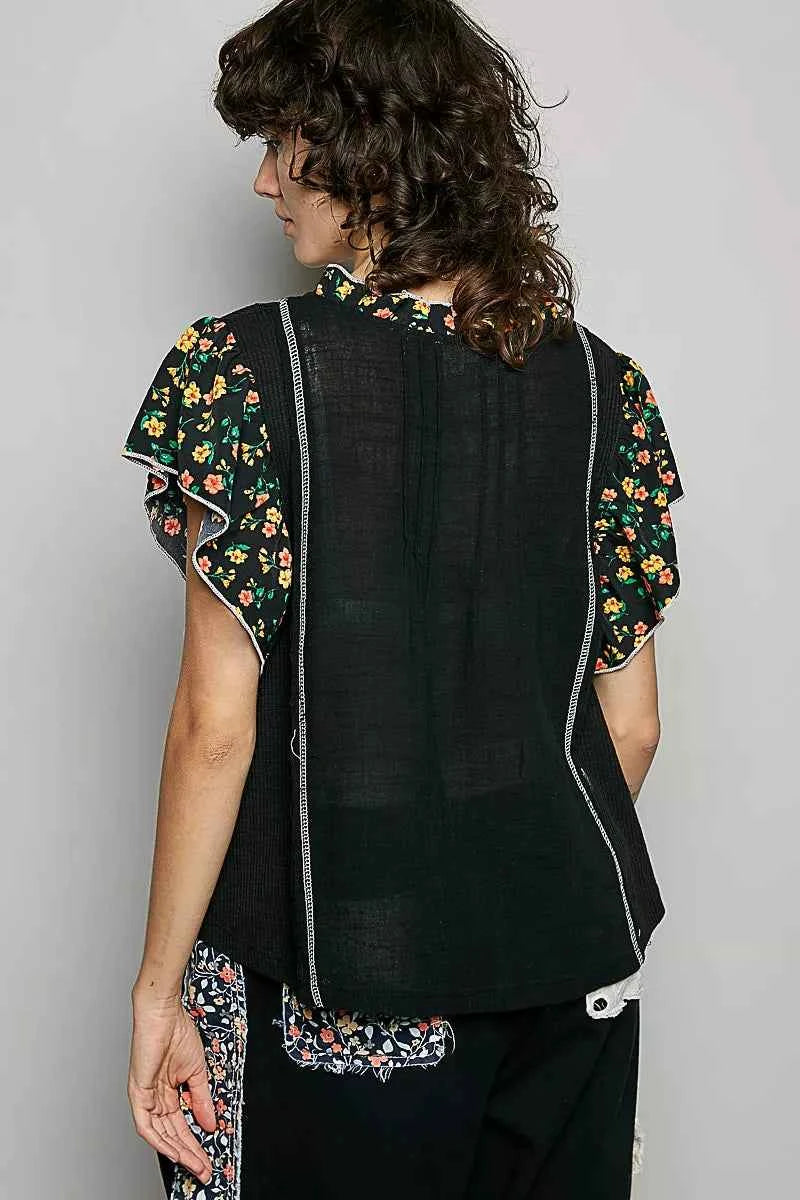 POL V-Neck Floral Ruffle Sleeve Blouse