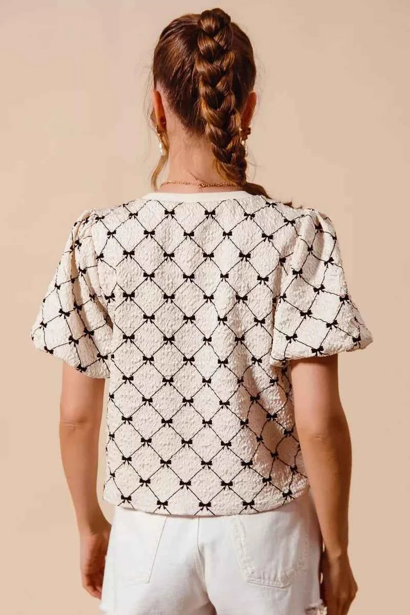 SO ME Bow Texture Woven Bubble Sleeve Top