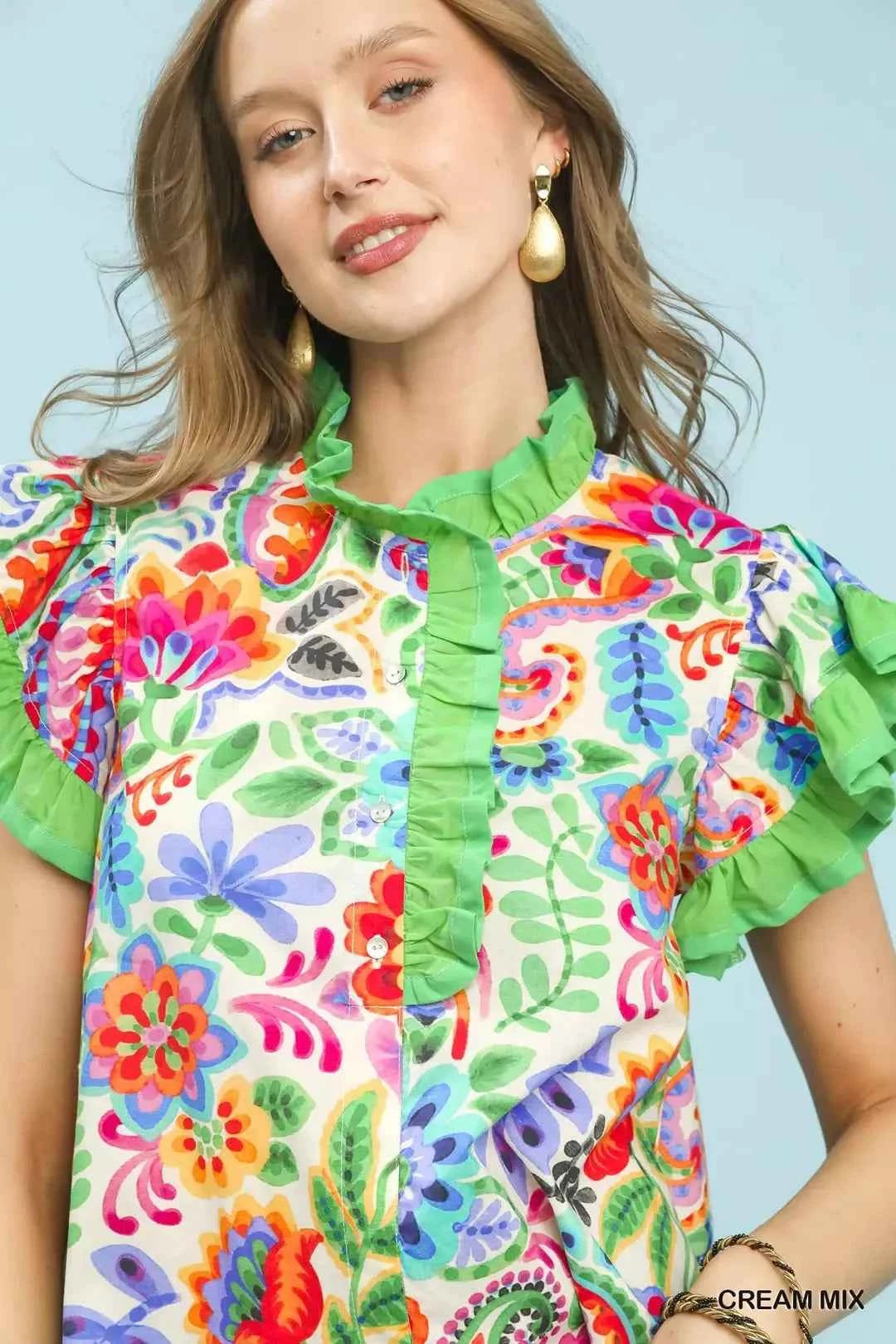 Umgee Ruffle Trim Paisley Floral Top