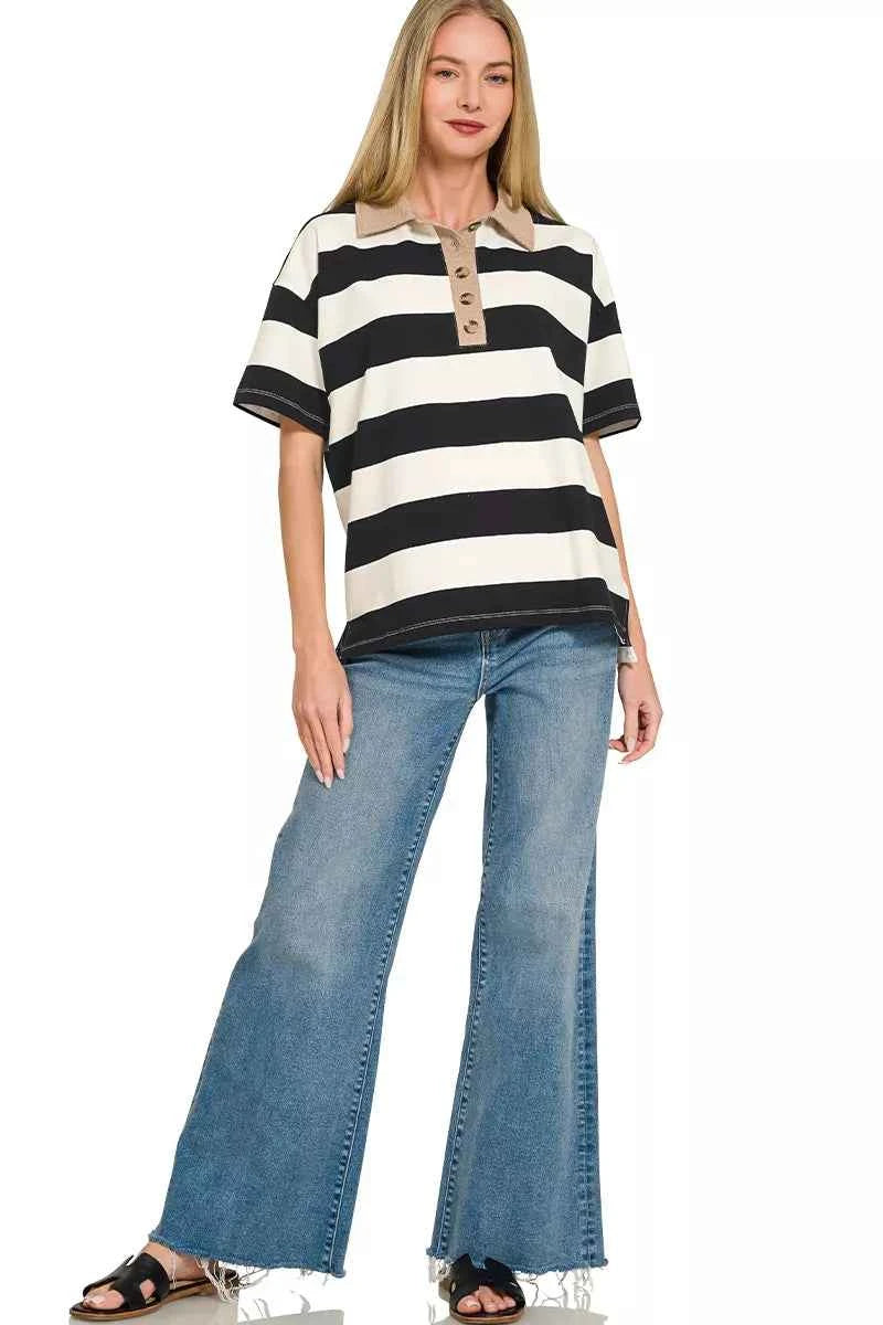 Zenana Striped Collared Polo Top