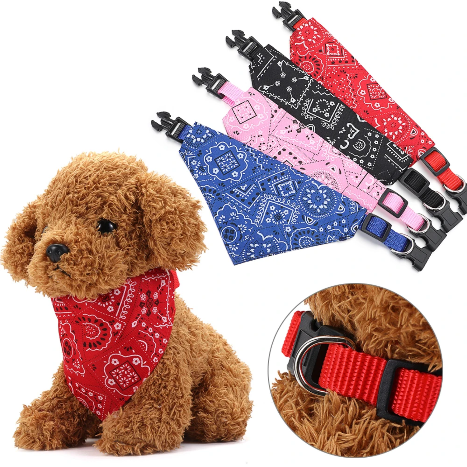 Dog wearing a red bandana with various bandanas and collars displayed above on a white background.