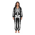 Women's Black Skeleton Halloween Costume Onesie with Hood