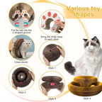 Cat toy with various shapes and a cat sitting next to it