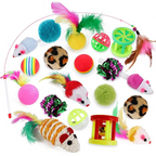 Assorted colorful cat toys on a white background