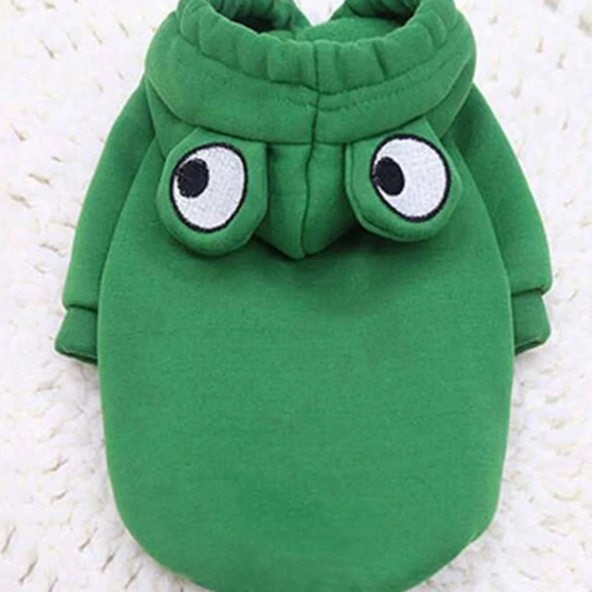 Green pet sweater with owl design on a white background