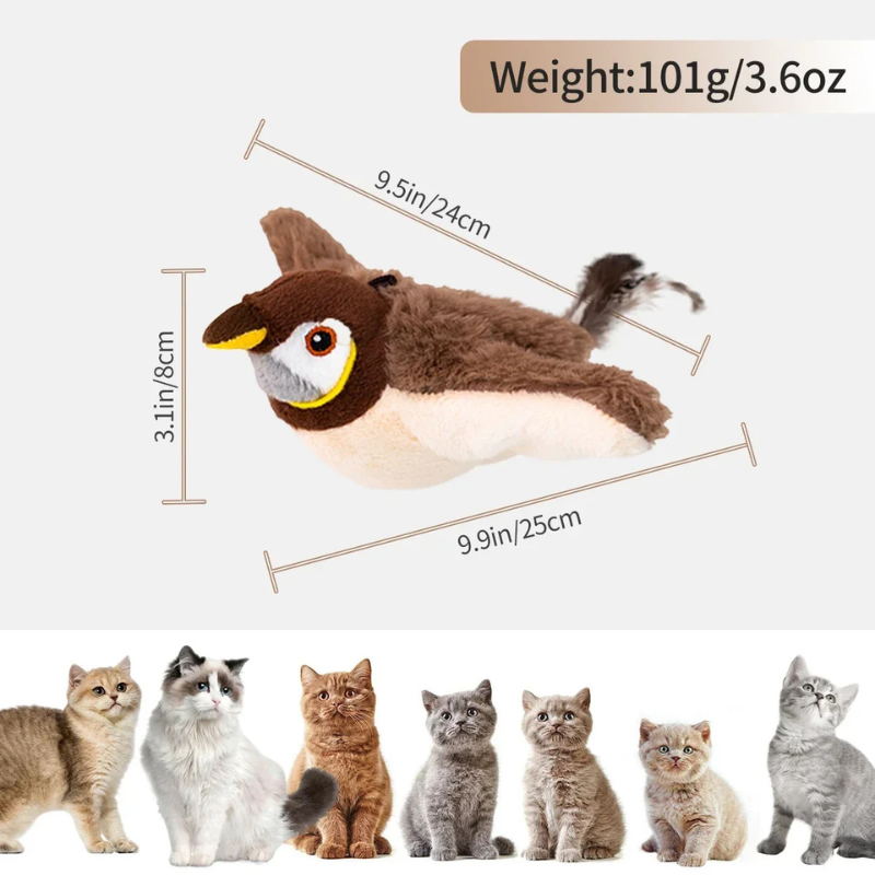 Plush toy with measurements and a comparison to cats' sizes on a white background