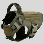 Green tactical dog harness on a light gray background