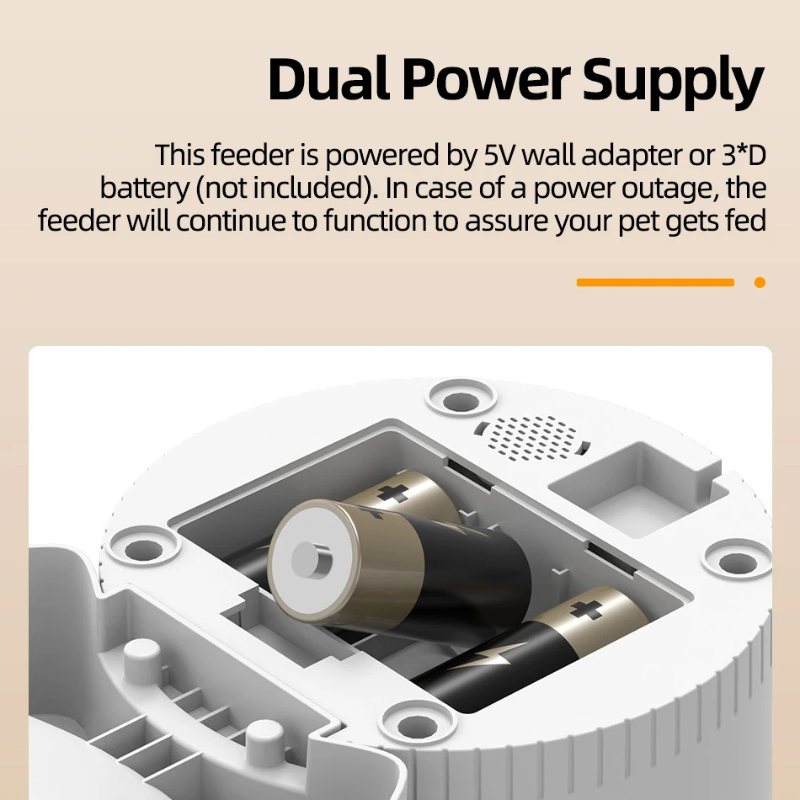 Pet feeder with dual power supply mechanism on a beige background