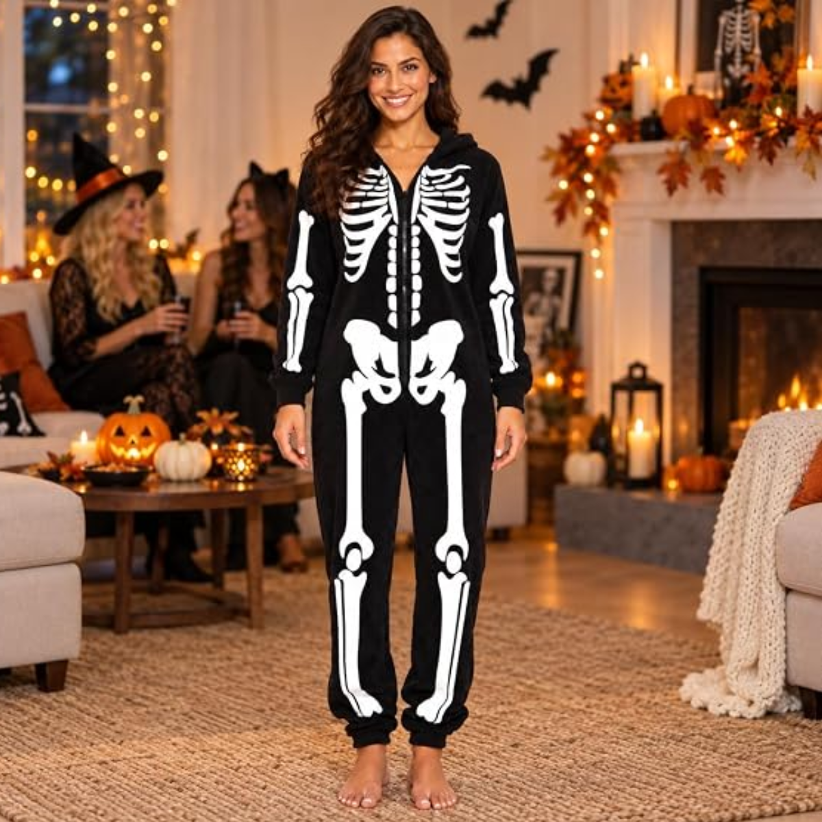 Women's Skeleton Halloween Costume Onesie with Hood