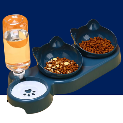 3-in-1 Cat Food & Water Bowl Set with Gravity Water Feeder