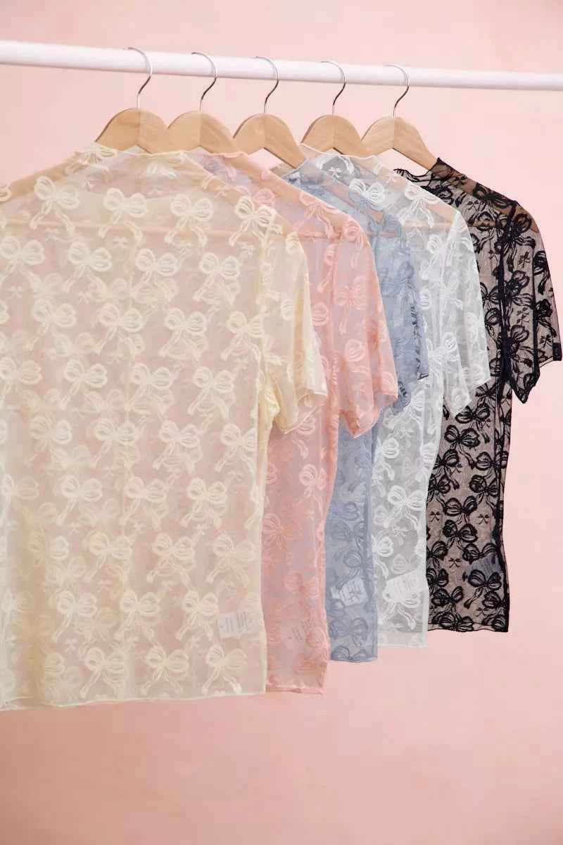 BiBi High Neckline Short Sleeves Bow Pattern Mesh Top