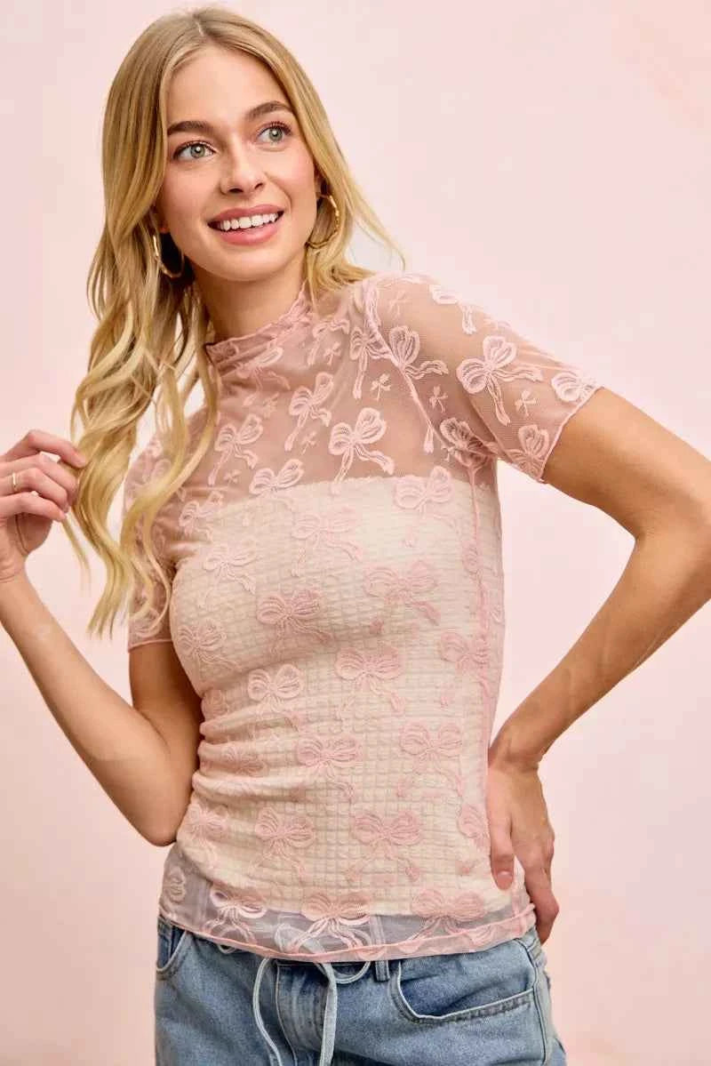 BiBi High Neckline Short Sleeves Bow Pattern Mesh Top
