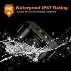 Black electronic device with water splashes and IP67 rating on a black background