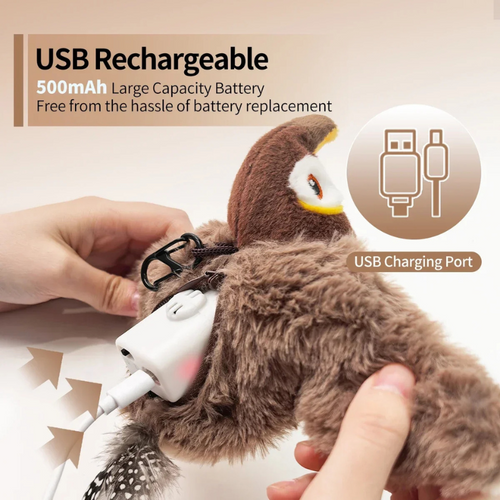 Plush toy with USB charging cable, showing USB charging port, on a beige background.