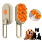 Pet grooming brush with orange bristles, shown from different angles, with a dog and cat on a white background.