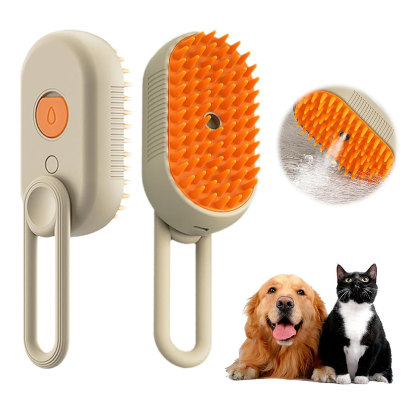 Pet grooming brush with orange bristles, shown from different angles, with a dog and cat on a white background.