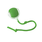 Green dog toy with a rope on a white background