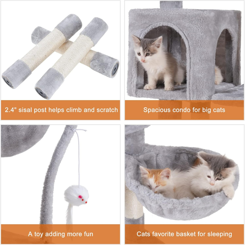 Cat play structure with climbing post, condo, and toy on a white background