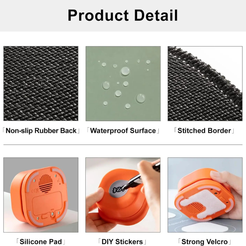 Product detail images with features like non-slip rubber back, waterproof surface, stitched border, silicone pad, DIY stickers, and strong velcro.