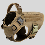 Tan tactical dog harness on a light gray background