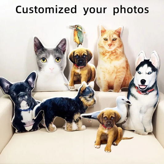 Collection of animal-shaped cushions on a couch with text 'Customized your photos'.